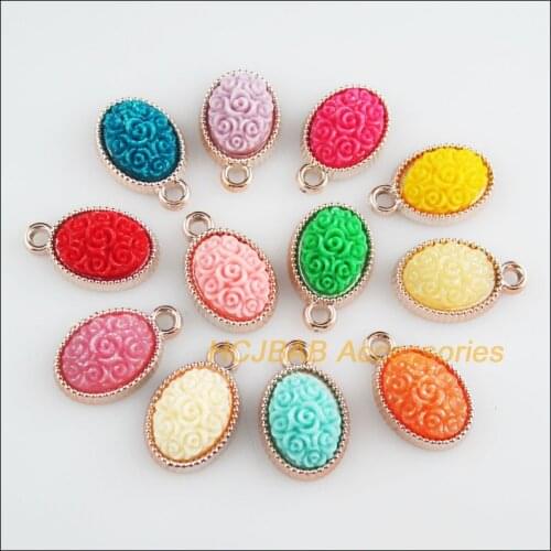 24 New Oval Charms KC Gold Color Retro Mixed Acrylic Resin Flower Pendants 13x20.5mm