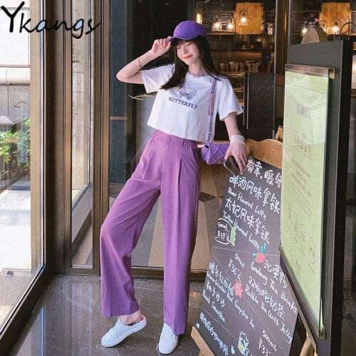 Casual Two Piece Set Women Harajuku Purple Solid Butterfly Printed Short-sleeved High Waist Straight Trousers Joggers T-shirt