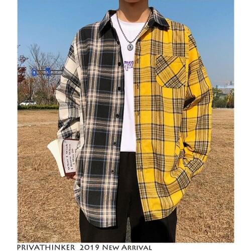 New Korean Fashion Mens Plaid Shirts 2020 Harajuku Patchwork Long Sleeve Casual Shirt Hip Hop Streetwear Tops 100%cotton Shirts