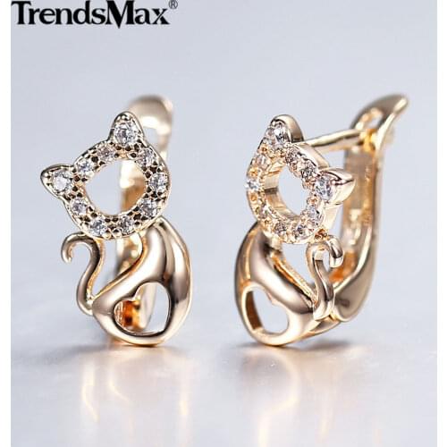 585 Rose Gold Cute Little Cat Kitty Pet Earrings for Women Girl Heart Paved White Cubic Zircon Earrings Birthday Gift GE293