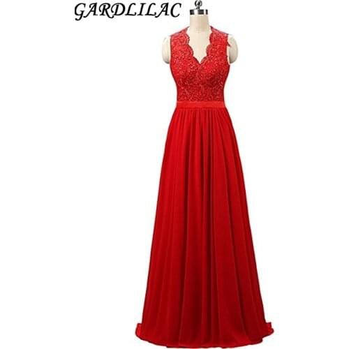 Gardlilacs Chiffon V-neck Red Bridesmaid Dress with applique Floor-Length Cap Sleeve Dress For Wedding party Backless Prom Gowns