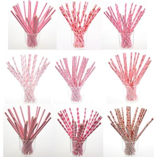 25pcs Pink Paper Drinking Straws Baby Shower Wedding Party Kids Birthday Party Strawberry drinking Paper Straws Xmas