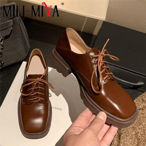 MILI-MIYA New Arrival Women Cow Leather Lace Up Pumps Round Toe Thick Heels Solid Color Office Career Shoes Size 34-40 Handmade