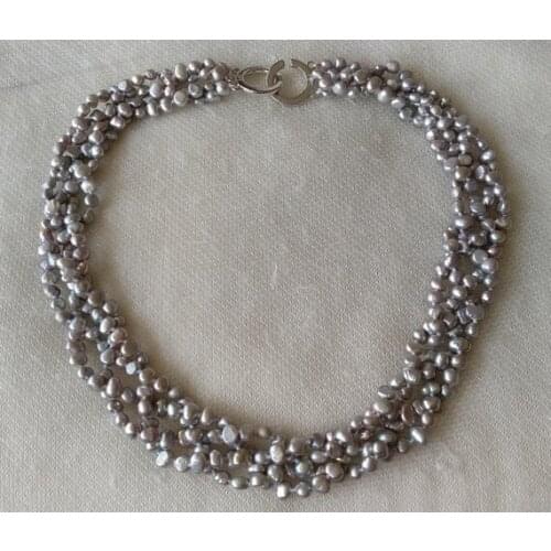 Unique Pearls jewellery Store Gray Color 4rows 4-6mm Genuine Freshwater Pearl Necklace Charming Women Party Gift Jewelry