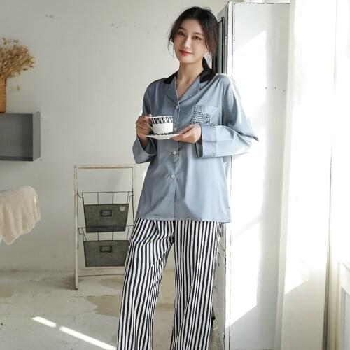 2PCS Shirt&StripePant Women Pajamas Set Sexy Turn-down Collar Pocket Pyjamas Suit Sleepwear Spring New Loungewear Home Nightwear