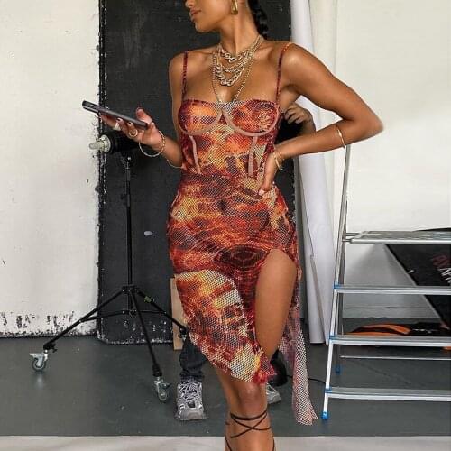 Yiallen Mesh Print Side Slit Bodycon Women Camisole Dress 2021 Fashion Sleeveless Backless Party Clubwear Hot Sexy Mini Dresses