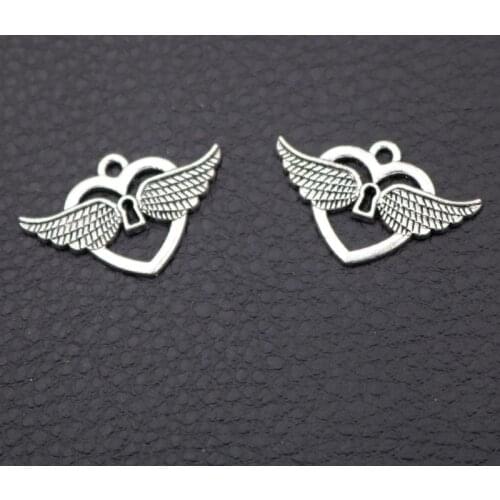 20pcs Fashion Heart-shaped Wings Charm Pendants Retro Bracelet Earrings Accessories DIY Metal Jewelry Crafts Making 25*16mm