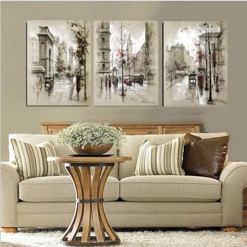 3panels Pure Hand Painted Oil Paintings Modern Home Decor Abstract Canvas Painting Retro City Street Landscape Free Shipping