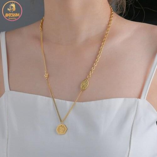 Akizoom Vintage Hexagon Pendant Stainless Steel Necklaces Angel Maria Choker Chain Necklace for Women Girls Accessories Jewelry