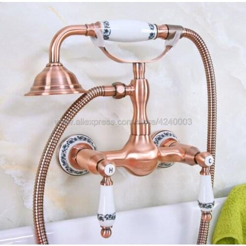 Antique Red Copper Wall Mount Telephone Bath Shower Faucet Mixer Tap w/ Handheld Spray Shower Kna304