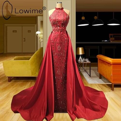 Burgundy Mermaid Evening Dresses with Detachable Train Luxury Heavy Beading Long Evening Gowns Custom Made Formal Dresses