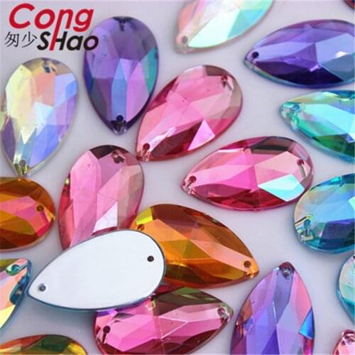 Cong Shao 50PCS 16*28mm AB Colorful Drop Pear flatback stone crystals Acrylic Rhinestone trim sewing 2 Hole costume Button CS326