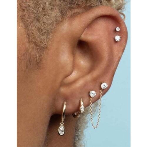 Personality Creative Earrings Set 925 Sterling Silver Chain Stud Hoop Earrings Ear Buckle Waterdrop Zircon Earrings Set