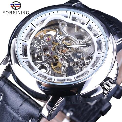 Forsining Waterproof Gear Movement Transparent Genuine Leather Mens Clock Skeleton Mechanical Automatic Watches Top Brand Luxury