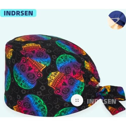 Scrubs Caps with Button Cotton Anime Print Adjustable Nursing Hat Lab Beauty Salon Pet Shop Working Accessories Scrub Cap Unisex