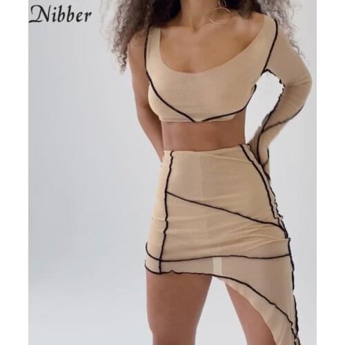 Nibber sexy club mesh see-through Patchwork asymmetry Bodycon 2 pieces set women long sleeve crop top and skinny mini skrit set