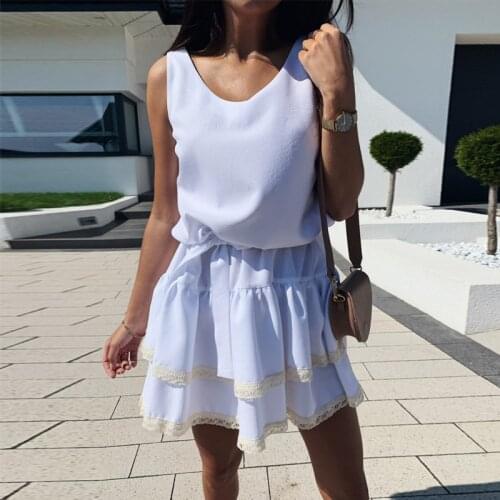Summer V Neck Lace Ruffle Sleeveless Dress Women Loose Lace Up Pleated A Line Mini Sundress Casual White Holiday Beach Dress