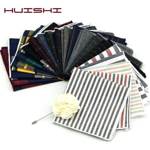 HUISHI High Quality Striped Check Cotton Pocket Square For Men Suits Cotton Hankerchief Business Hanky Solid Handkerchiefs