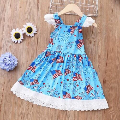 New Arrival Toddler Girl July 4th Dress Patriotic Sleeveless Lace Trim Ruffled Indie Children Girl Sweet Casual Dress 1-5T