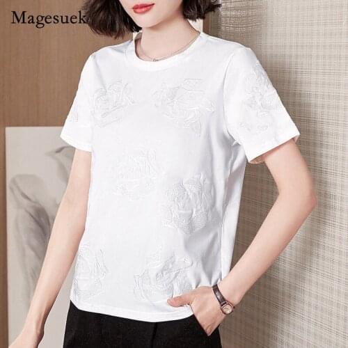 Plus Size Summer T-shirt Vintage Rose Embroidery Casual Shirt Black Tshirt Women Short Sleeve Basic Blouse Tee Cotton Tops 13553