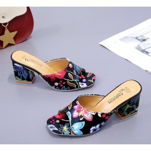 Elegant Print Women Slippers Summer High Heels Womens Shoes Woman Sandals Leisure Slippers Comfortable Open Toe Slip-On Slides