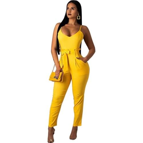 Sexy Spaghetti Strap Elegant Jumpsuit Women Sleeveless V-neck Summer Rompers Ankle-length Pants Night Club Overalls with Sashes