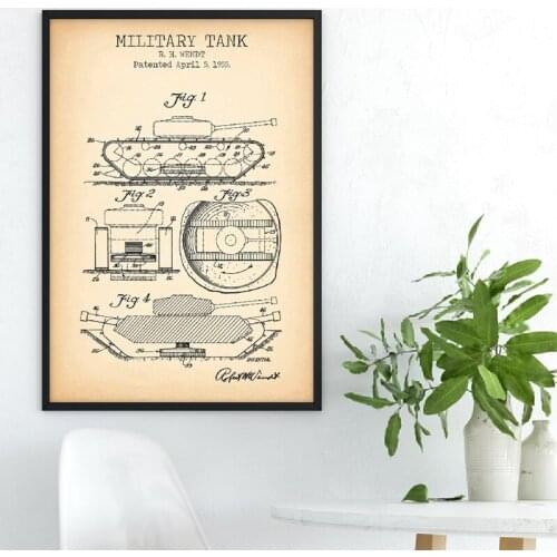 Military Tank Patent Canvas Art Prints And Poster , Military Tank Blueprint Canvas Painting Poster Army Wall Decor