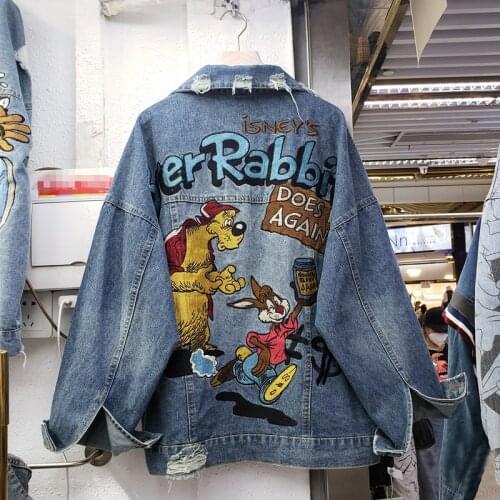 SpringAutumn Womens Denim Jacket Blue Cartoon Embroidery Jackets Handsome Loose Jacket Washed Denim Jackets2021Womens Clothing