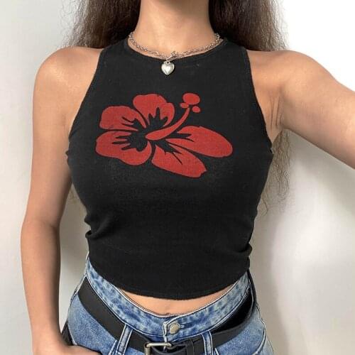 2021 Summer Sleeveless Tshirt Women Sexy Short T-shirt Flower Print Tops Tees Fashion Slim Fit T Shirts Female