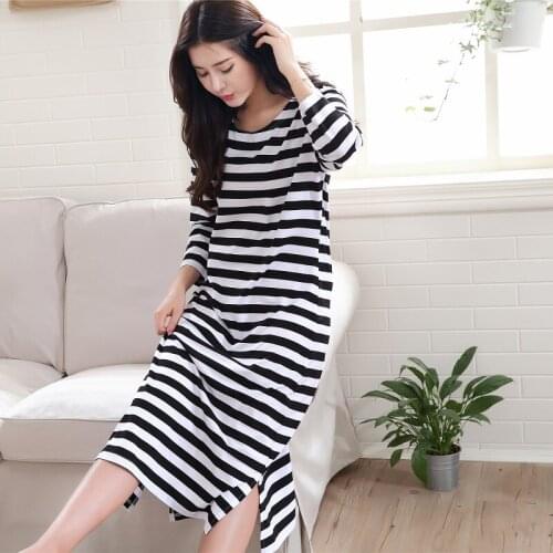 Women cotton Nightdress striped sleepshirts long sleeve sleepwear stripes nightgowns casual home clothing long dress plus size