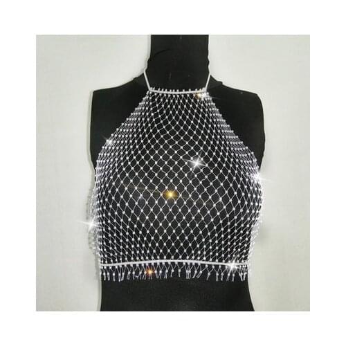 Ladies Summer Rhinestone Tank-Top Sleeveless Mesh Flashing Diamond Top Lace-up Hollow Drawstring Garment