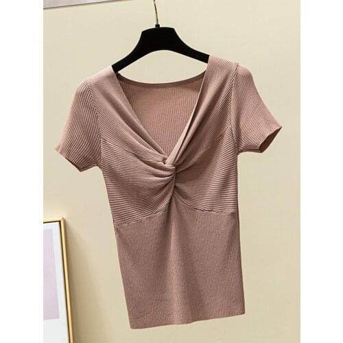 New Spring Autumn V-neck Solid Female Knitted Pullovers Korean Casual Woolen Short-sleeved Women Black White Tops Shirts