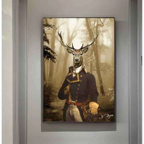 Animal suit deer painting on a foggy forest canvas art posters and prints on the wall living room decoration