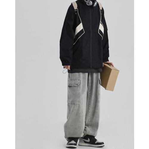 2020 Mens Casual Pants Black/grey Loose Wide Leg Pants Baggy Homme Cargo Pocket Jeans Waist Elastic Biker Denim Trousers M-2XL