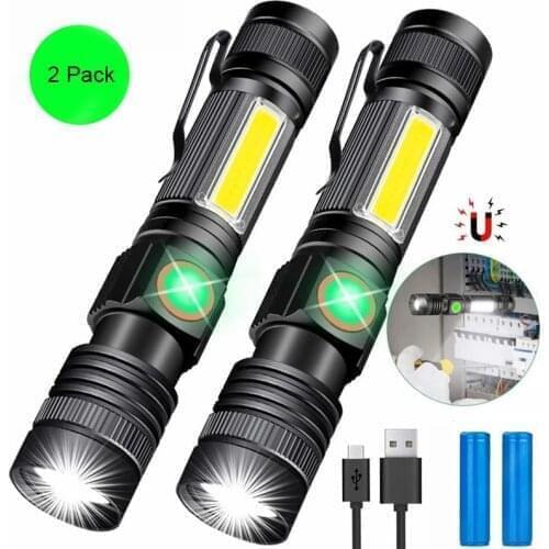 D2 Rechargeable Flashlight Magnetic With COB Side Light Super Bright LED Waterproof Zoomable Camping Emergency Flashlight