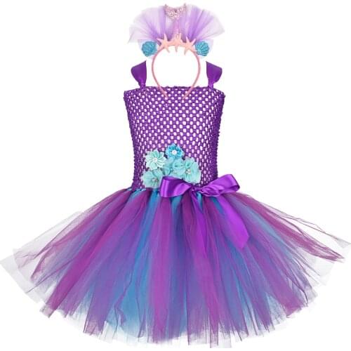 Girls Purple Mermaid Tutu Dress Under the Sea Theme Birthday Party Costume with Mermaid Headband Kids Flower Dresses 0-12Y