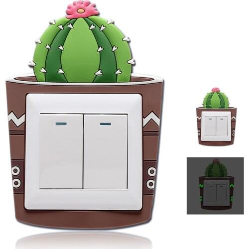 3D Cactus Fluorescent Wall Silicone On-off Switch Stickers Cute Cartoon Kids Room Luminous Light Switch Outlet Home Decor Decals