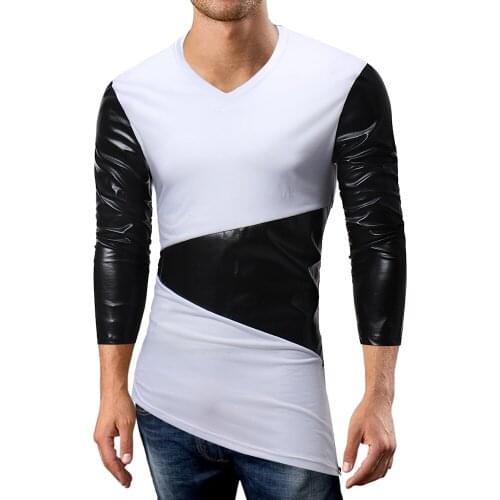 Fashion Patchwork Irregular TShirt Men Long Sleeve Slim V-neck Elastic T Shirt Man hit color Casual Top Spell Leather Men Tshirt