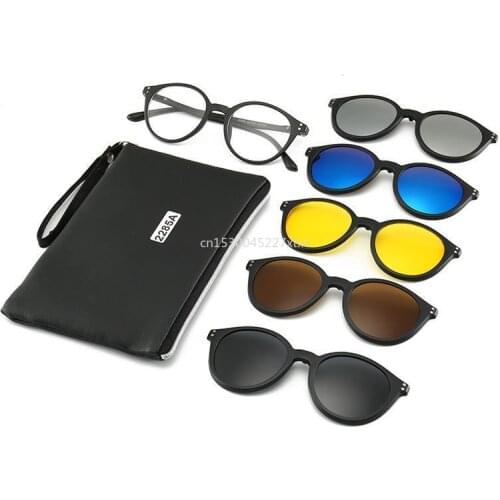 Round Frame 6 In 1 Custom Men Women Polarized Optical Magnetic Sunglasses Clip Magnet Clip on Sunglasses Polaroid Frame with Bag