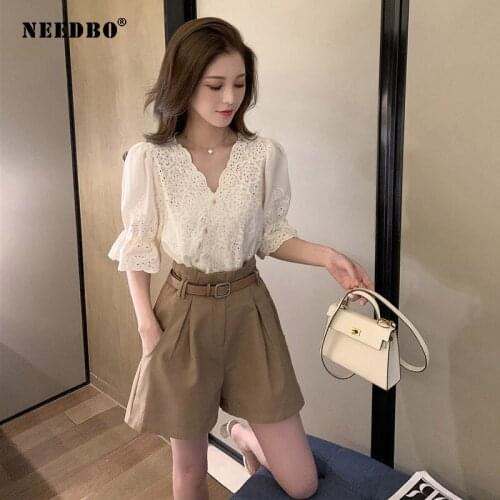 NEEDBO 2021 Fashion Womens Two Piece Set Hollow Out Loose Blosue Top + Elastic Waist Shorts Suit Casual Lady Suit Summer Female