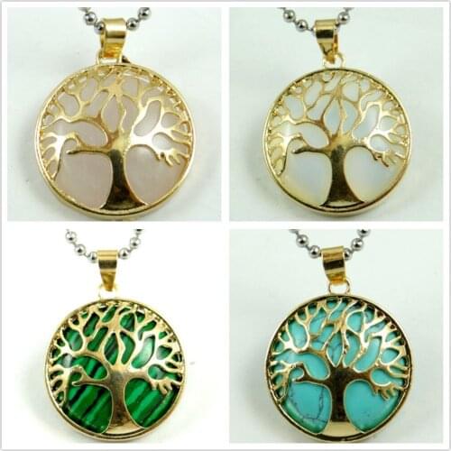Natural Stone Quartz Crystal Turquoises Opal lapis Gold Color Tree of Life Round Shaped pendant for diy jewelry making necklace