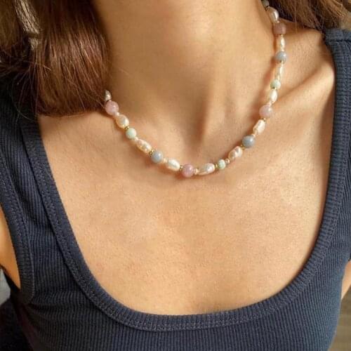 Women Fashion Aesthetics Natural Stone Freshwater Pearl Necklace Sweet Romantic Jewelry Pink Purple Blue Light Color Beaded Chok