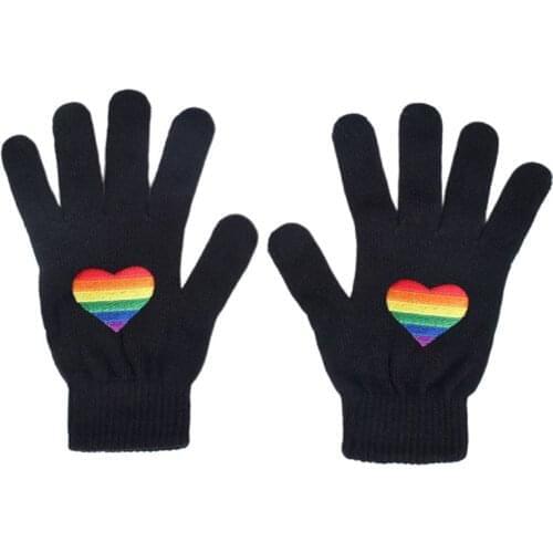 Unisex Winter Knit Full Fingered Gloves Gay Lesbian Pride Rainbow Stripes Heart Embroidered Hip Hop Warm Thermal Mittens