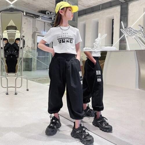 Girls Casual Suit 2021 New Girls Short Tights Top+ Kids Loose Overalls Trousers Childrens Performance Dance Suit 2PCS