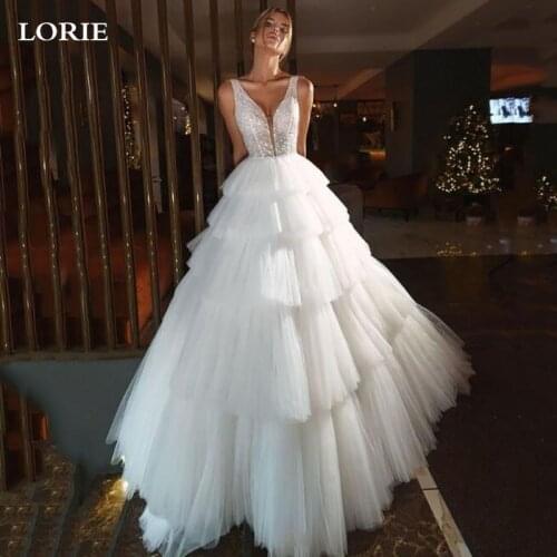 LORIE RufflesTiered Princess Wedding Dresses Ball Gowns Glitter Tulle Sexy V Neck Bride Dresses Backless Wedding Gowns 2021