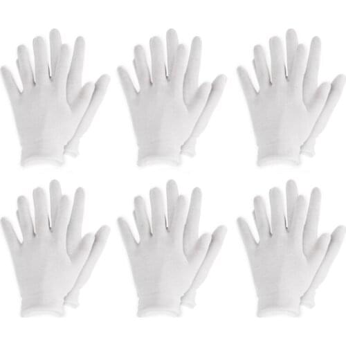 6/12 Pairs White Cotton Full Finger Gloves Mittens for Work Jewelry Inspection