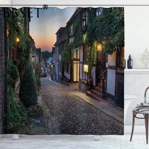 Retro House Shower Curtain Nighttime on Cobbles In Cottages Houses Pattern Waterproof Multi-size Cortina De Bano Bathroom Decor