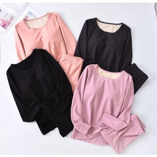 Womens Bottoming Top + Pant 2 Pcs Set New Warm Velvet Winter Sleepwear Pajamas Cotton Bra Padded Comfortable Pijamas Suit