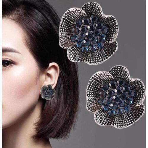 Fashion Stud Earrings for Women Black Blue Zircon Flower Crystal Wedding Anniversary Gifts Vintage Jewelry Elegant Earrings