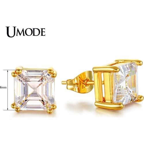 UMODE Brincos Gold Color Post Stud Earrings For Women Jewelry With 8mm 2.5 Carat Asscher Cut Cubic Zirconia Earrings AUE0187A